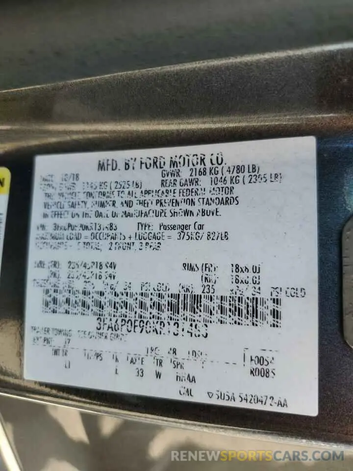 12 Photograph of a damaged car 3FA6P0E90KR131483 FORD FUSION 2019