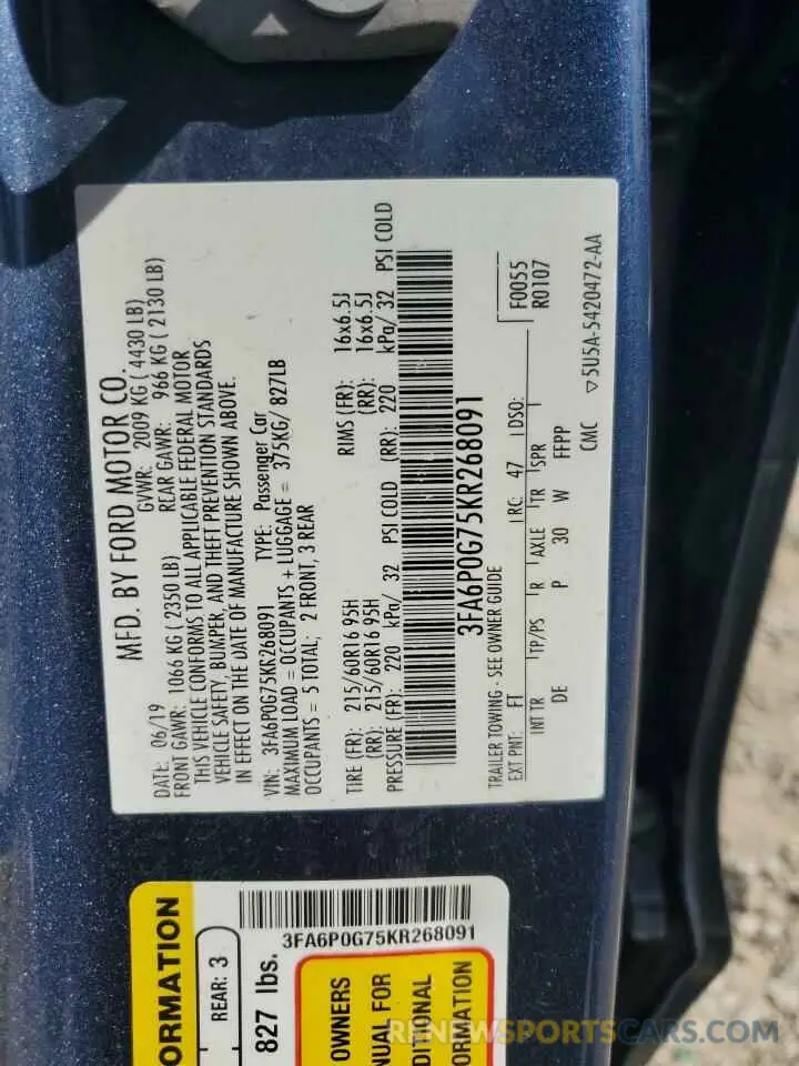 12 Photograph of a damaged car 3FA6P0G75KR268091 FORD FUSION 2019