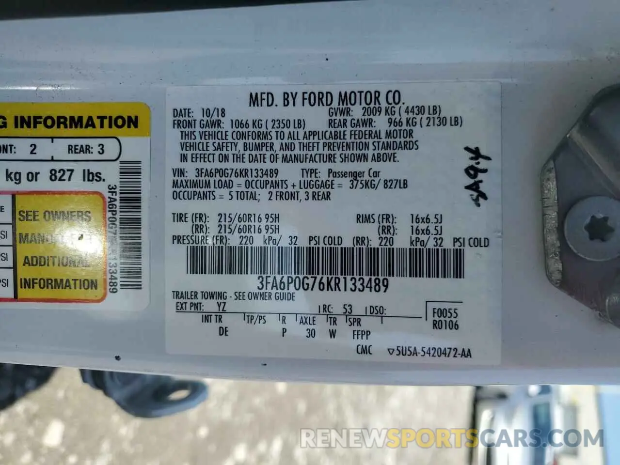 13 Photograph of a damaged car 3FA6P0G76KR133489 FORD FUSION 2019