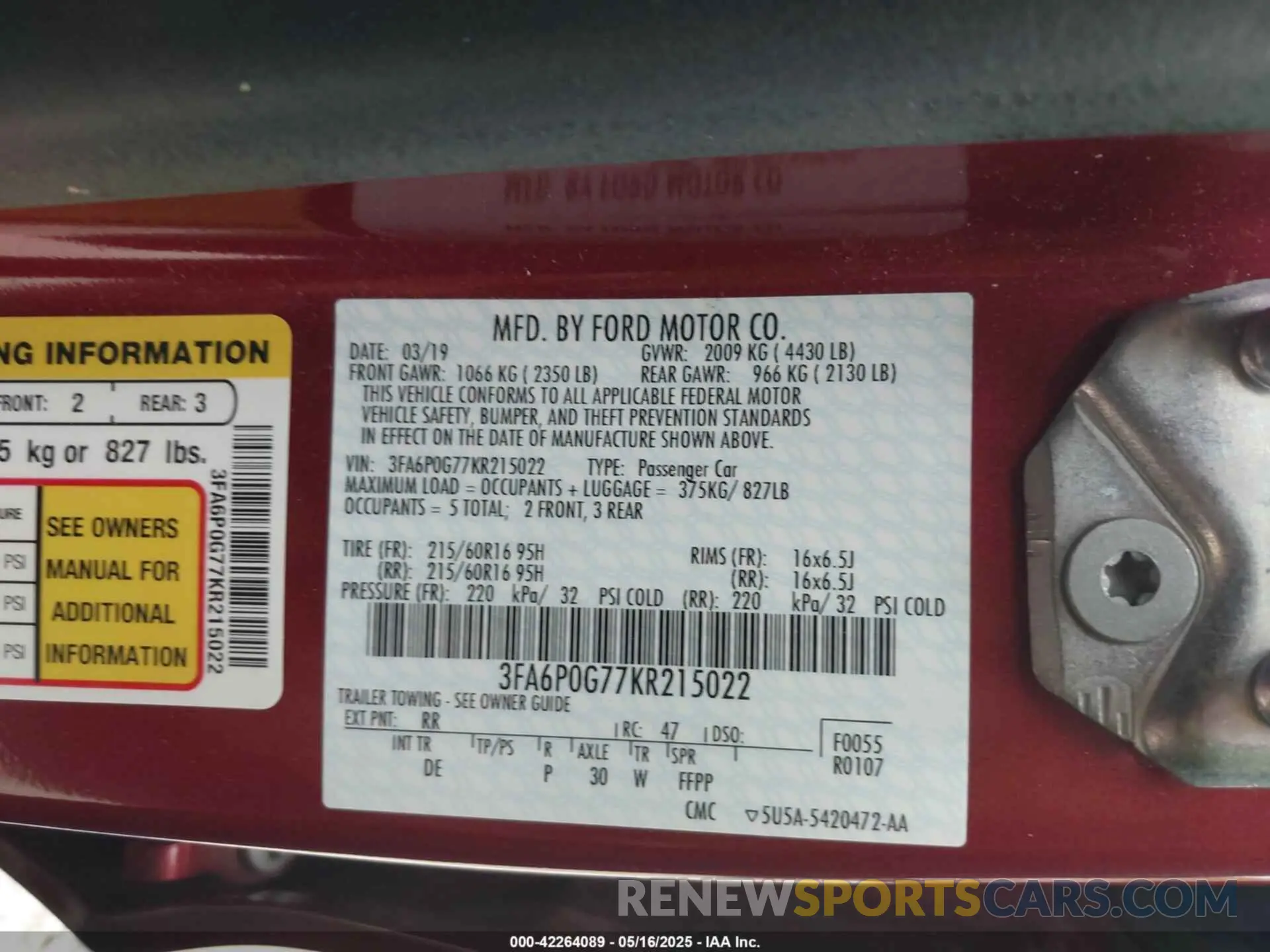 9 Photograph of a damaged car 3FA6P0G77KR215022 FORD FUSION 2019