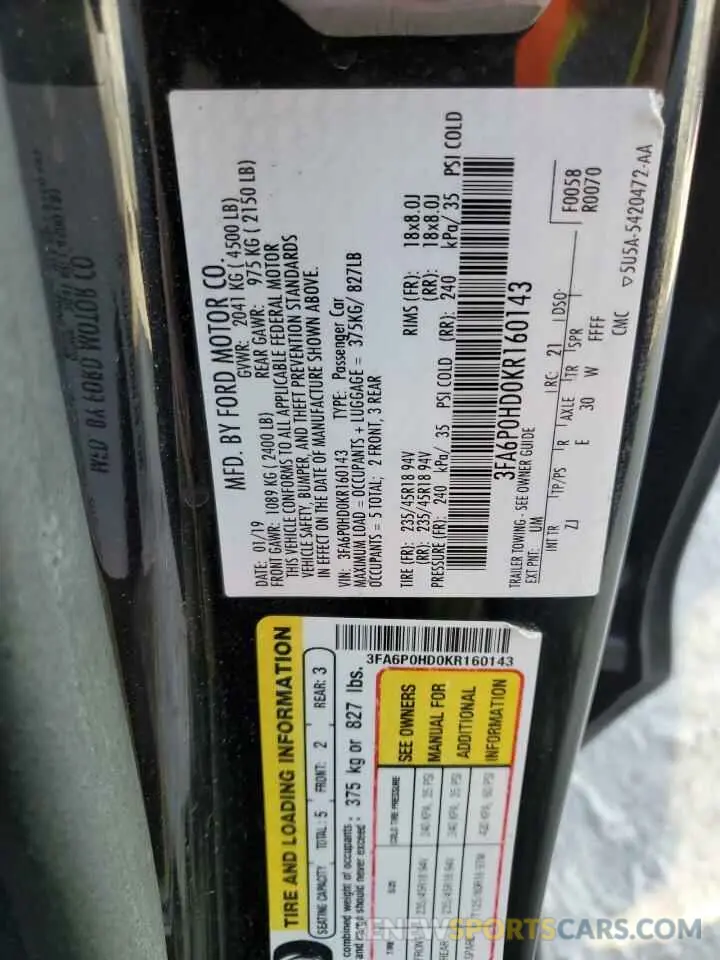 12 Photograph of a damaged car 3FA6P0HD0KR160143 FORD FUSION 2019
