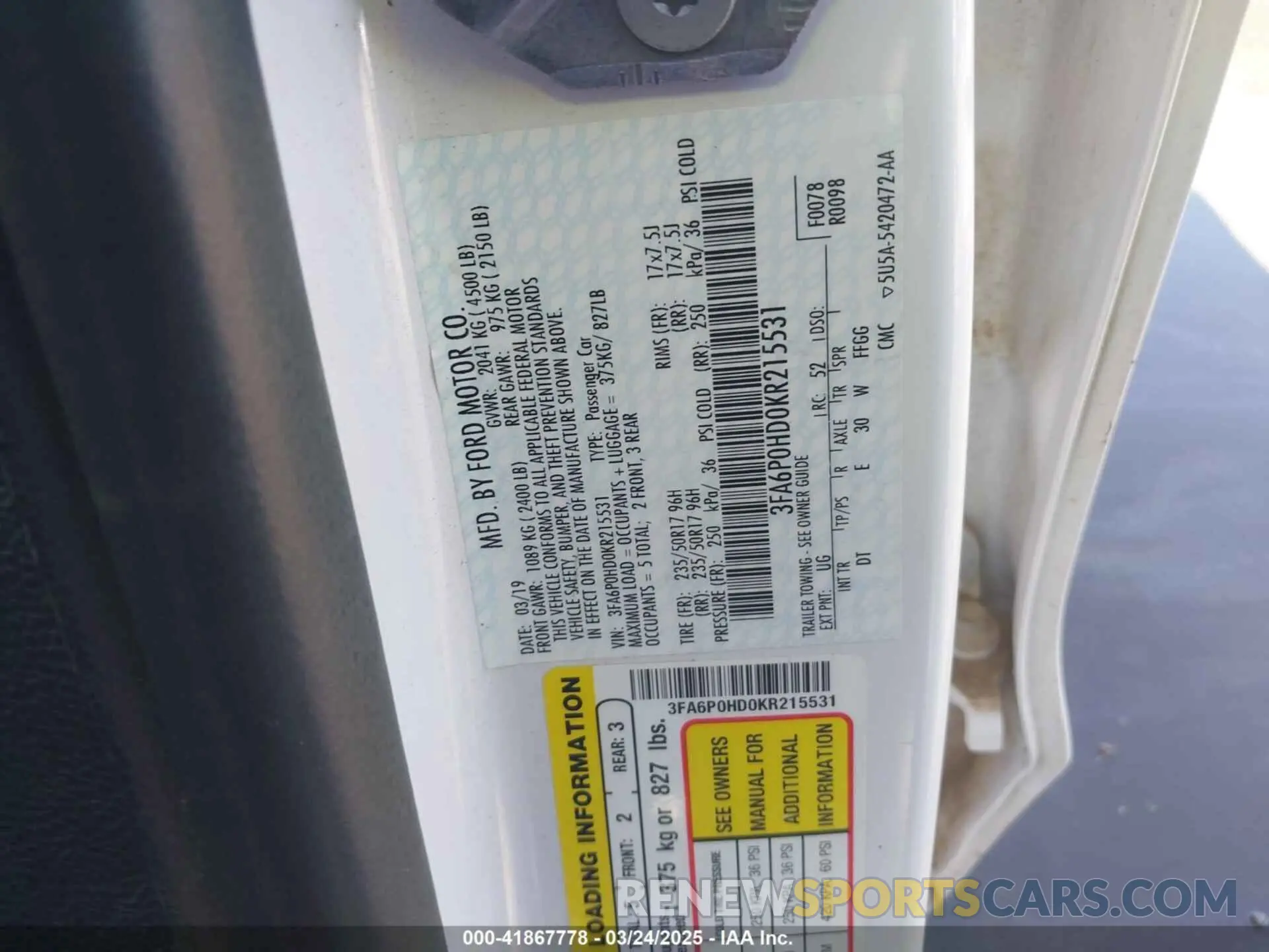 9 Photograph of a damaged car 3FA6P0HD0KR215531 FORD FUSION 2019