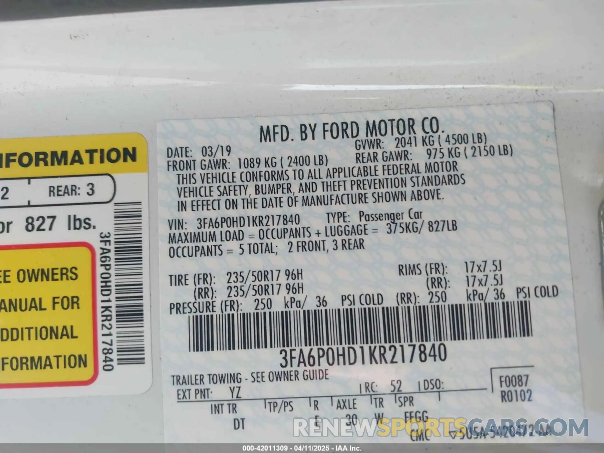 9 Photograph of a damaged car 3FA6P0HD1KR217840 FORD FUSION 2019