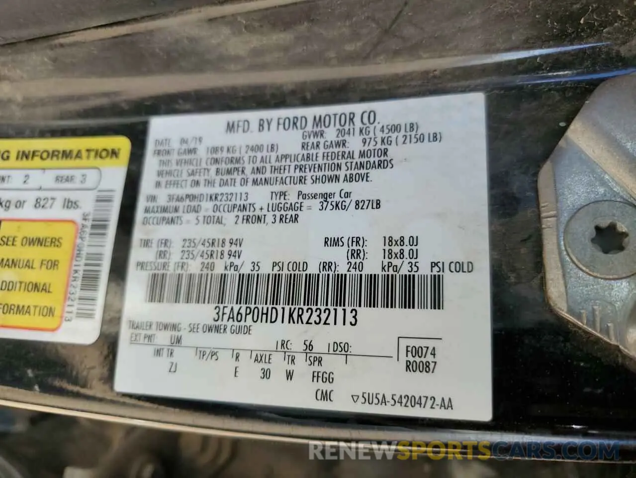 12 Photograph of a damaged car 3FA6P0HD1KR232113 FORD FUSION 2019