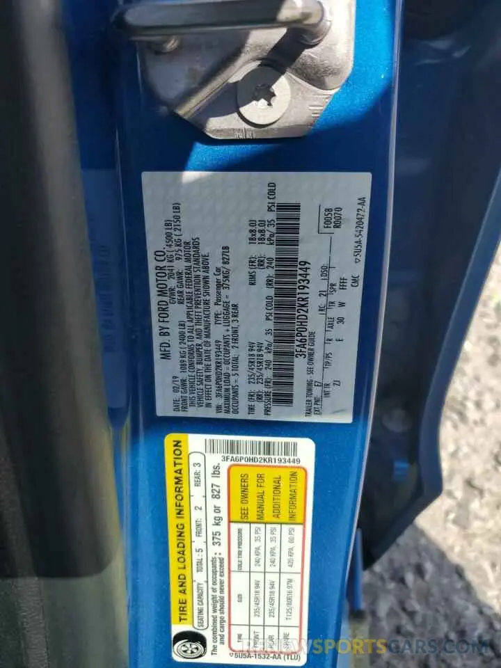 13 Photograph of a damaged car 3FA6P0HD2KR193449 FORD FUSION 2019