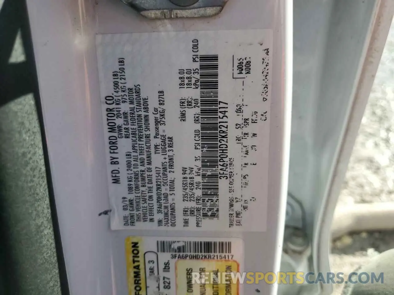 12 Фотография поврежденного автомобиля 3FA6P0HD2KR215417 FORD FUSION 2019