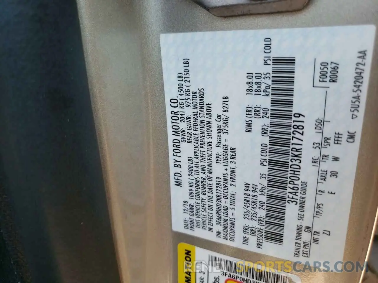 12 Photograph of a damaged car 3FA6P0HD3KR172819 FORD FUSION 2019