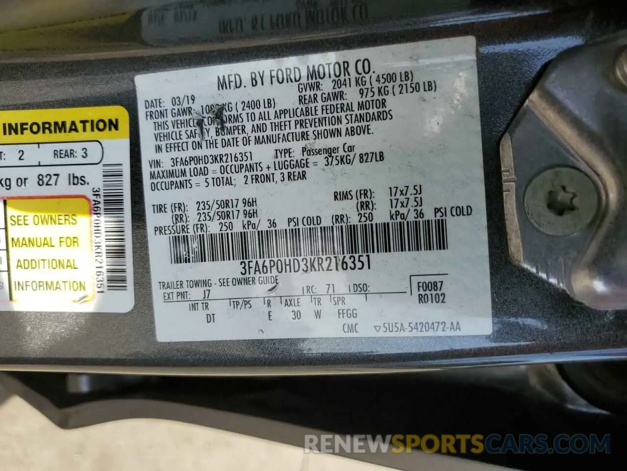 15 Photograph of a damaged car 3FA6P0HD3KR216351 FORD FUSION 2019