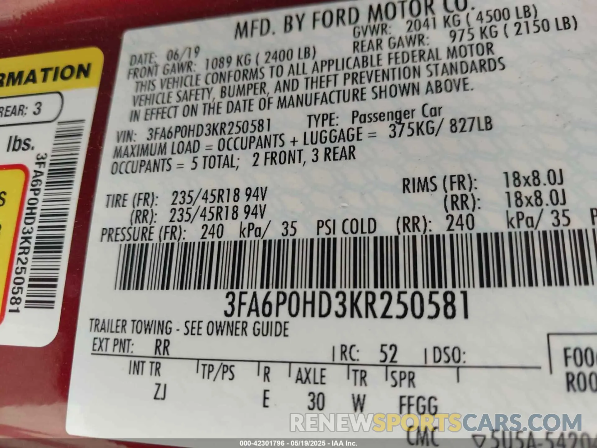 9 Фотография поврежденного автомобиля 3FA6P0HD3KR250581 FORD FUSION 2019