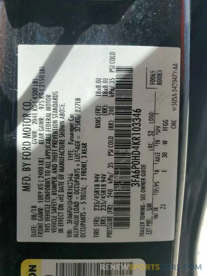 12 Фотография поврежденного автомобиля 3FA6P0HD4KR103346 FORD FUSION 2019