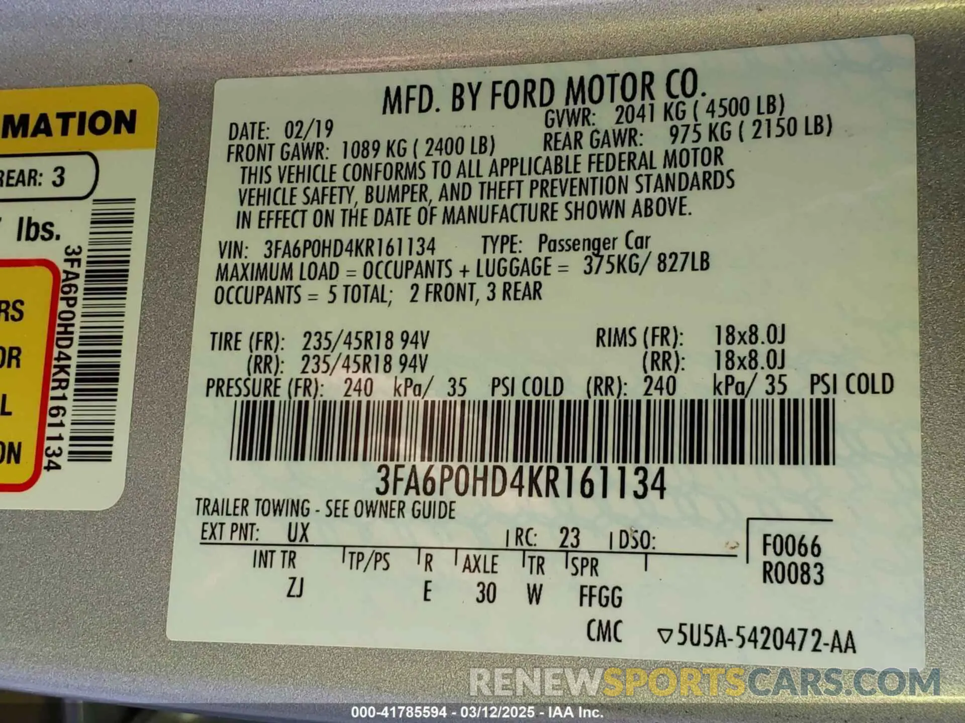 9 Photograph of a damaged car 3FA6P0HD4KR161134 FORD FUSION 2019