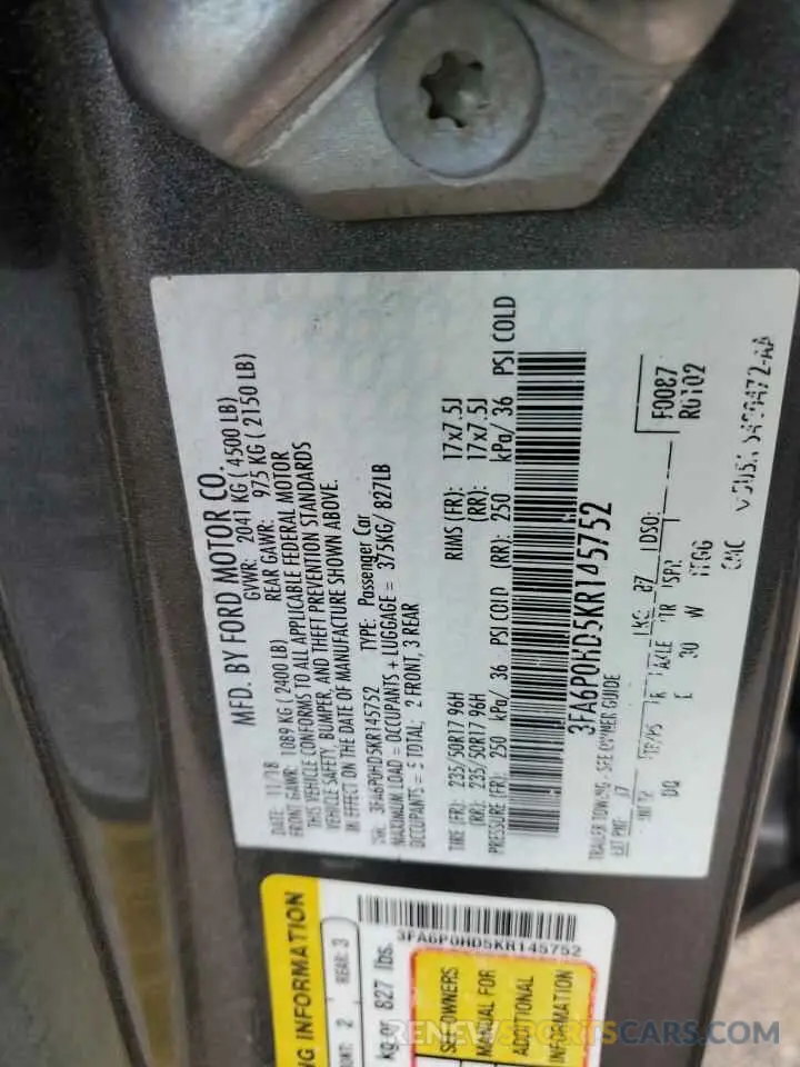 14 Photograph of a damaged car 3FA6P0HD5KR145752 FORD FUSION 2019