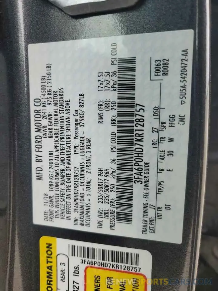 12 Фотография поврежденного автомобиля 3FA6P0HD7KR128757 FORD FUSION 2019