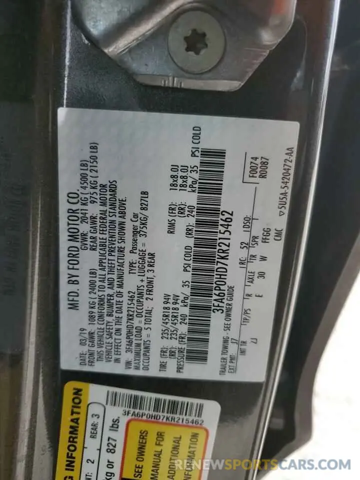 13 Photograph of a damaged car 3FA6P0HD7KR215462 FORD FUSION 2019