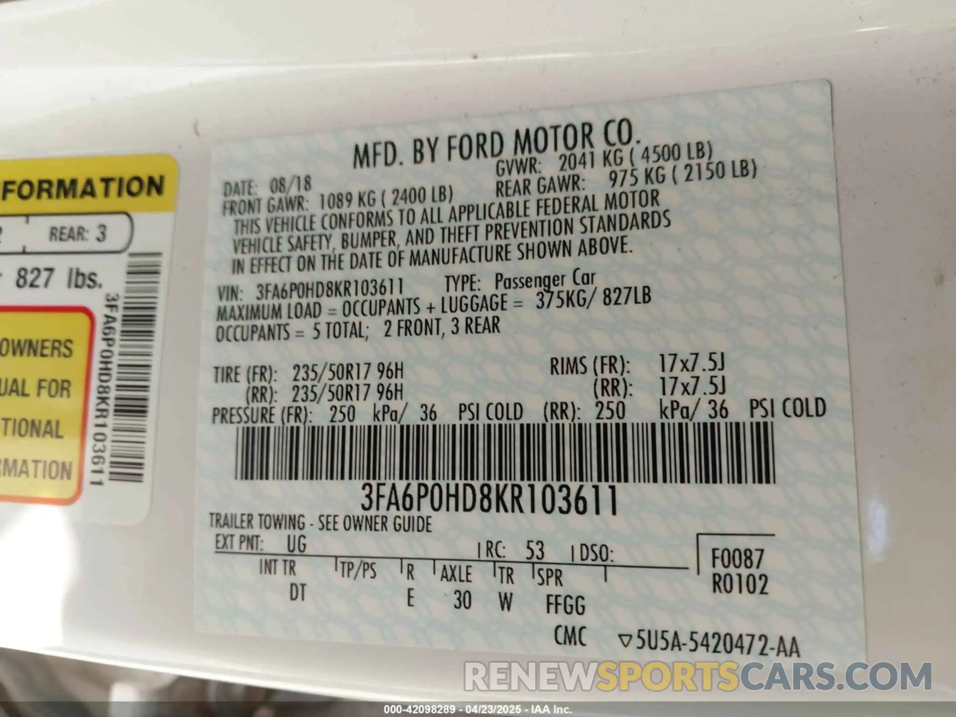 9 Фотография поврежденного автомобиля 3FA6P0HD8KR103611 FORD FUSION 2019