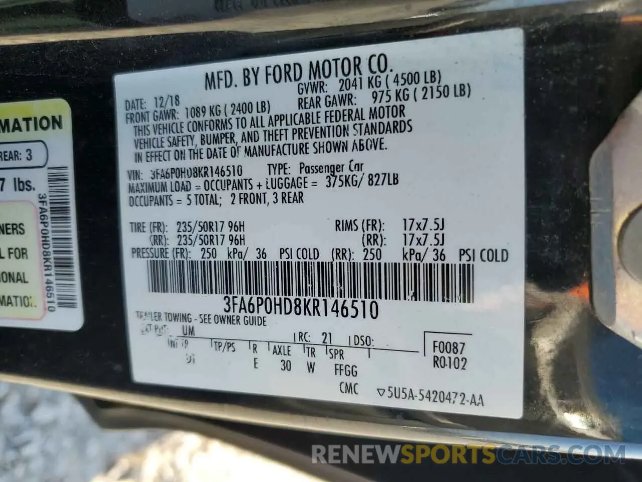 14 Photograph of a damaged car 3FA6P0HD8KR146510 FORD FUSION 2019