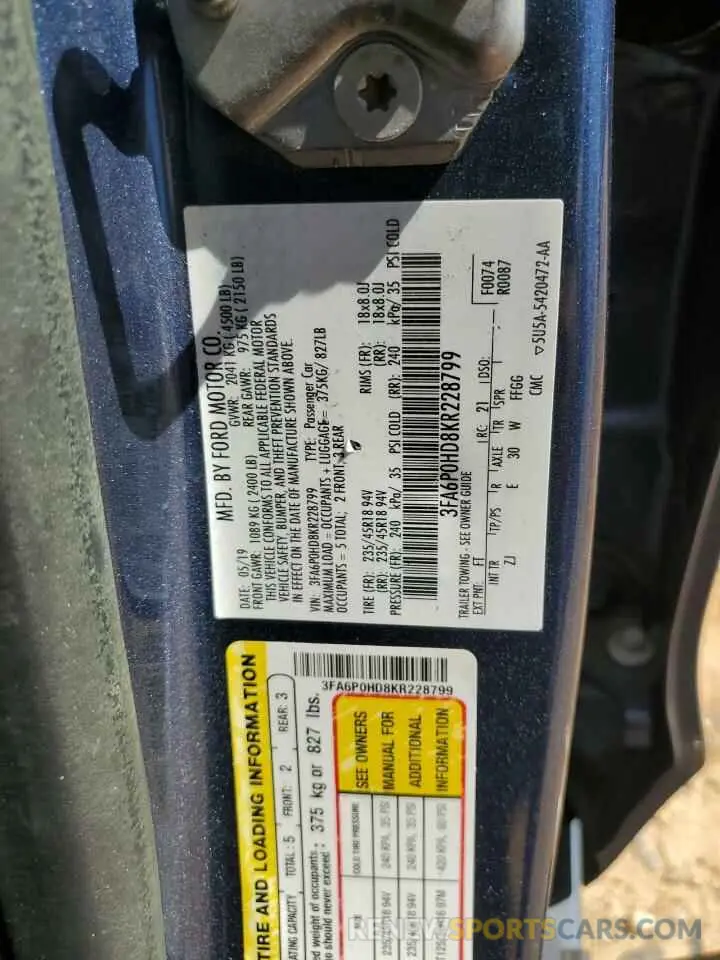 14 Фотография поврежденного автомобиля 3FA6P0HD8KR228799 FORD FUSION 2019