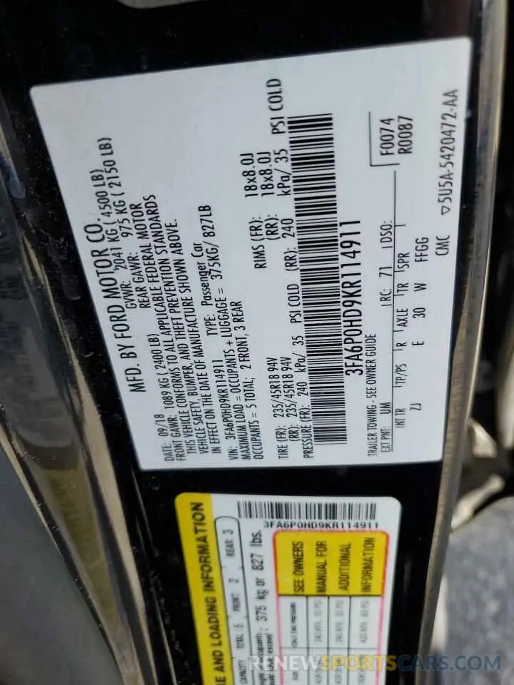 14 Фотография поврежденного автомобиля 3FA6P0HD9KR114911 FORD FUSION 2019