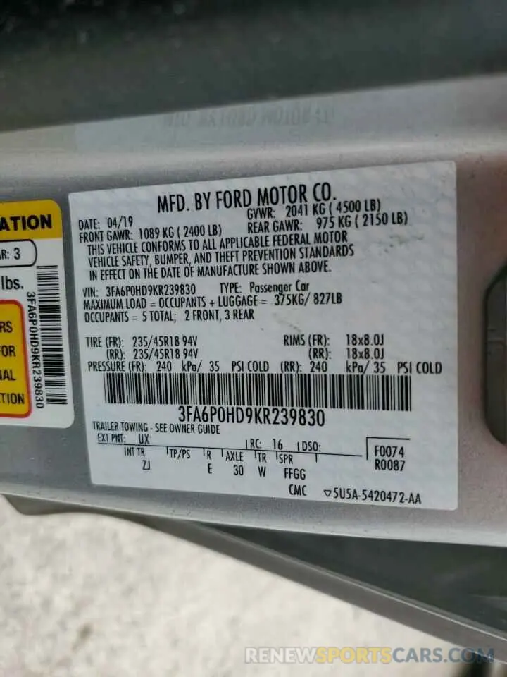 12 Фотография поврежденного автомобиля 3FA6P0HD9KR239830 FORD FUSION 2019