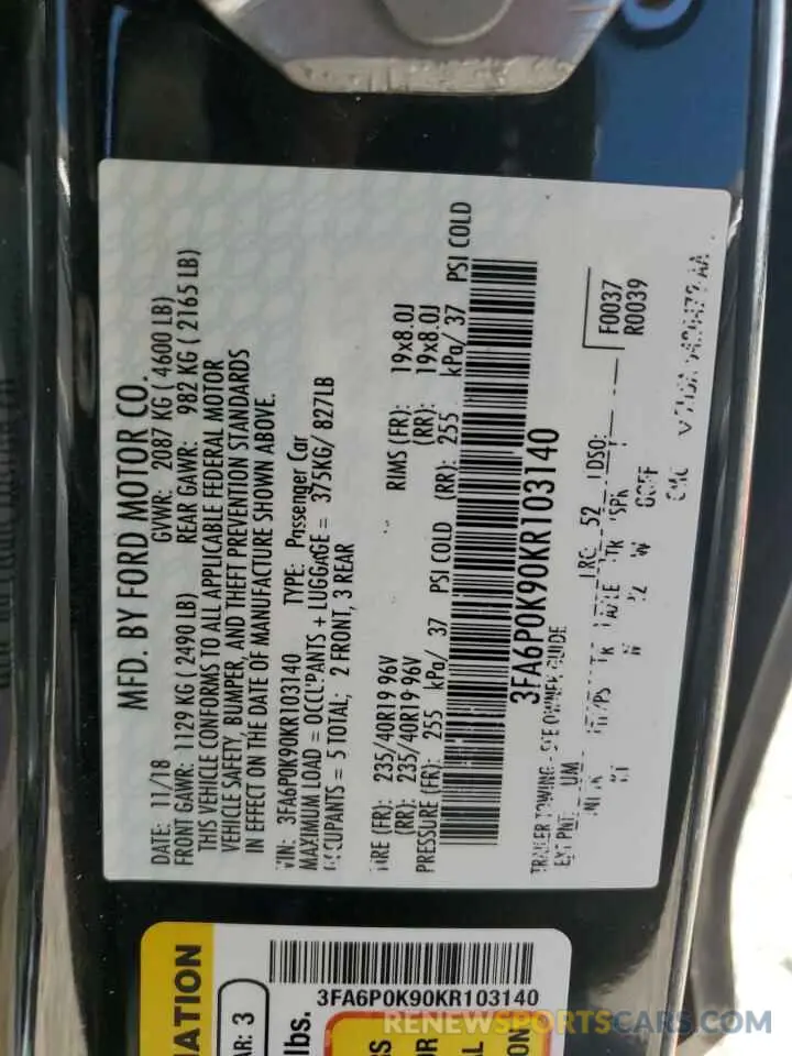 12 Photograph of a damaged car 3FA6P0K90KR103140 FORD FUSION 2019