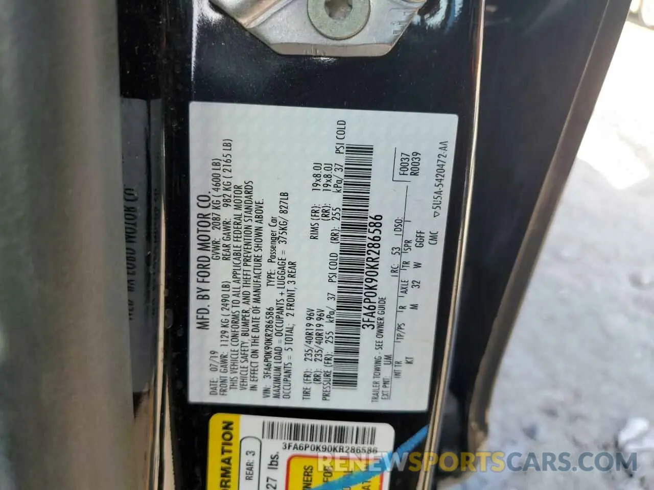 13 Фотография поврежденного автомобиля 3FA6P0K90KR286586 FORD FUSION 2019