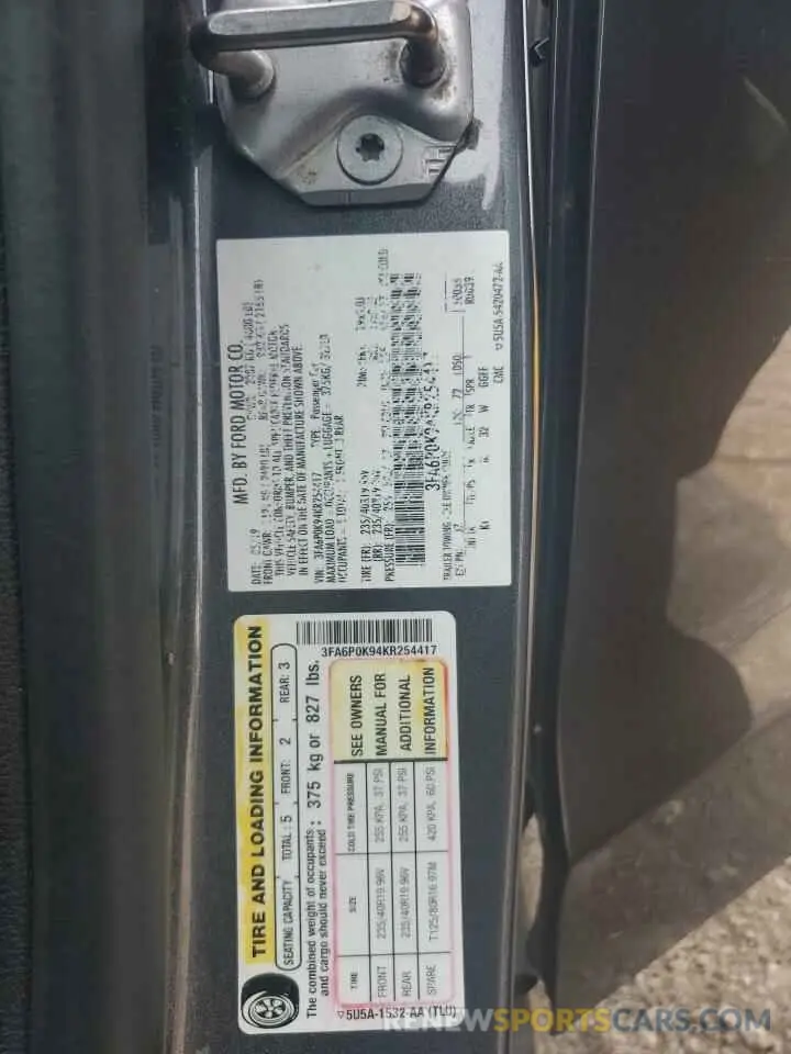 12 Photograph of a damaged car 3FA6P0K94KR254417 FORD FUSION 2019