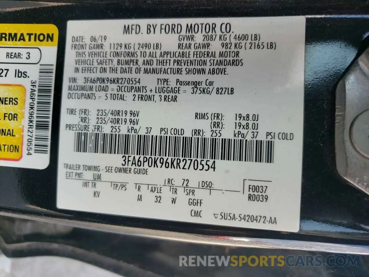 12 Photograph of a damaged car 3FA6P0K96KR270554 FORD FUSION 2019
