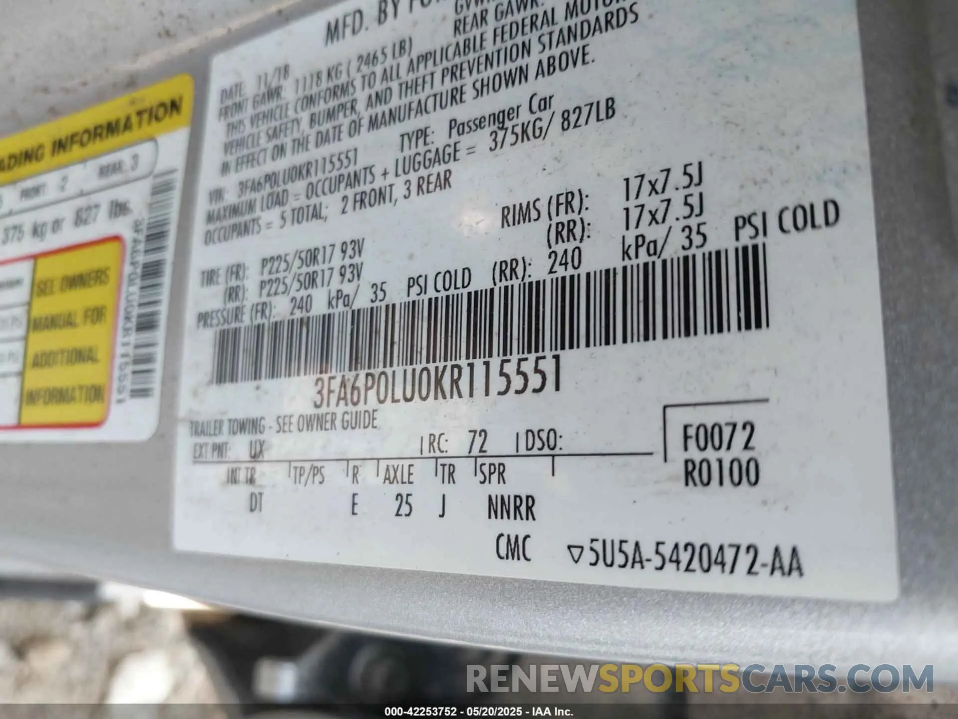 9 Photograph of a damaged car 3FA6P0LU0KR115551 FORD FUSION 2019
