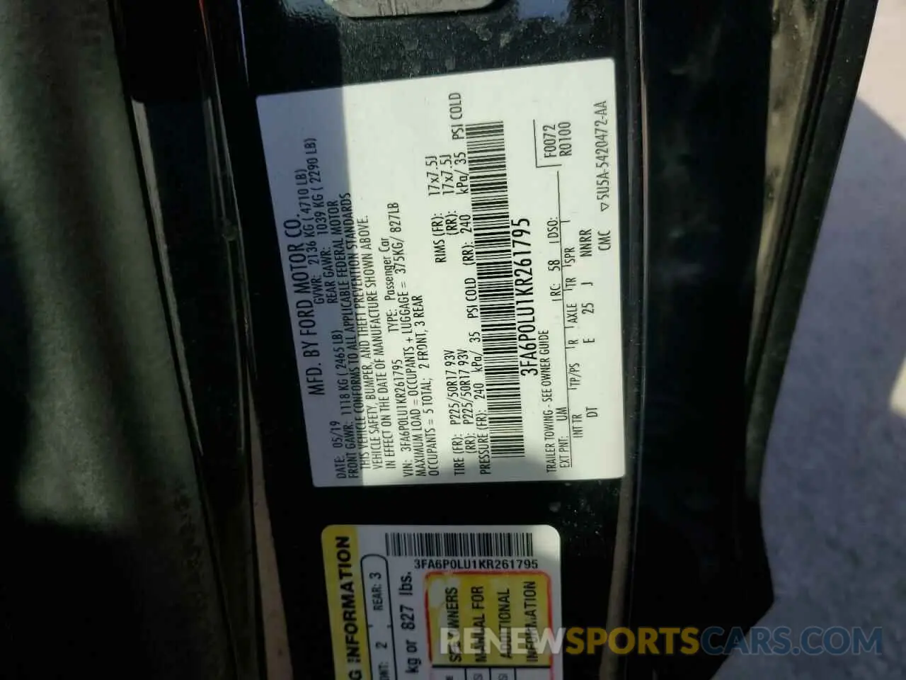 12 Фотография поврежденного автомобиля 3FA6P0LU1KR261795 FORD FUSION 2019