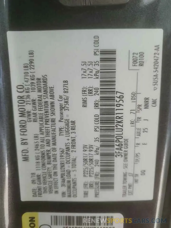 14 Фотография поврежденного автомобиля 3FA6P0LU2KR119567 FORD FUSION 2019