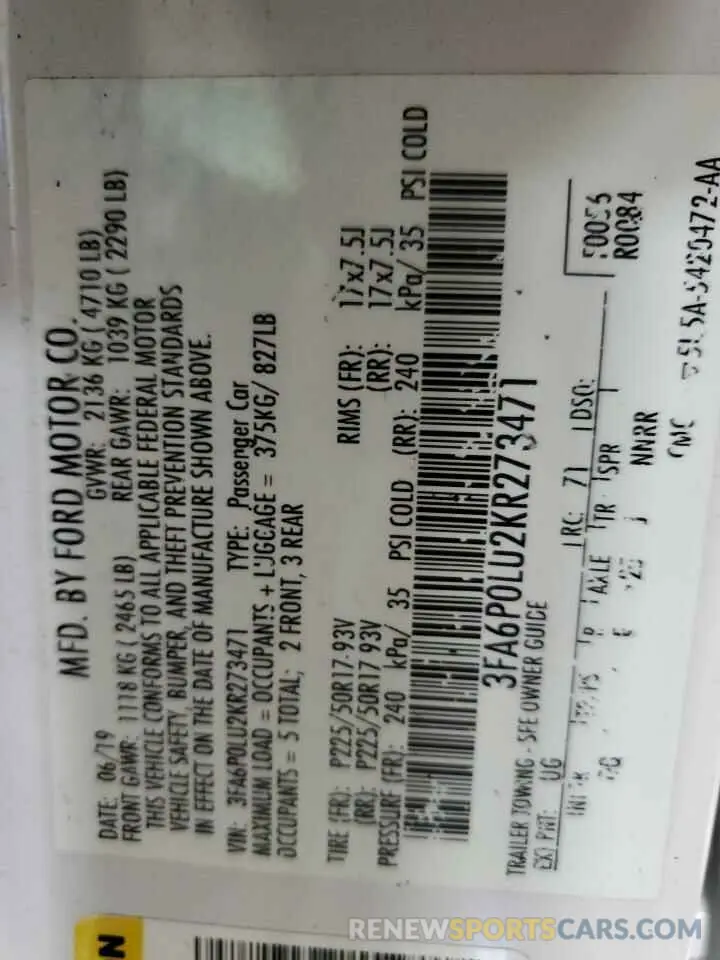 12 Photograph of a damaged car 3FA6P0LU2KR273471 FORD FUSION 2019