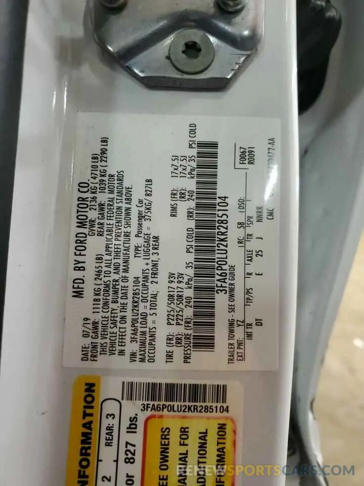 12 Photograph of a damaged car 3FA6P0LU2KR285104 FORD FUSION 2019