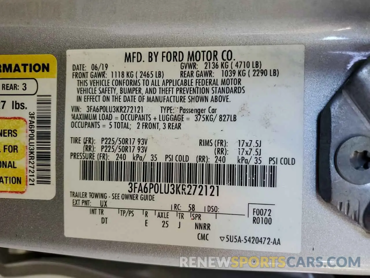 13 Photograph of a damaged car 3FA6P0LU3KR272121 FORD FUSION 2019