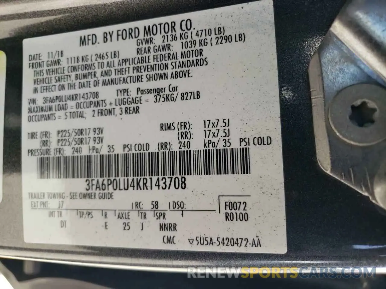 14 Photograph of a damaged car 3FA6P0LU4KR143708 FORD FUSION 2019