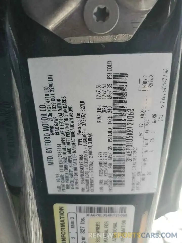 13 Photograph of a damaged car 3FA6P0LU5KR121068 FORD FUSION 2019