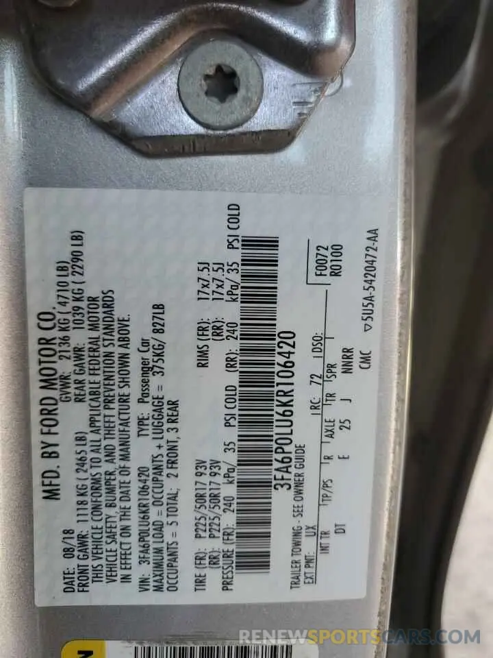 12 Фотография поврежденного автомобиля 3FA6P0LU6KR106420 FORD FUSION 2019