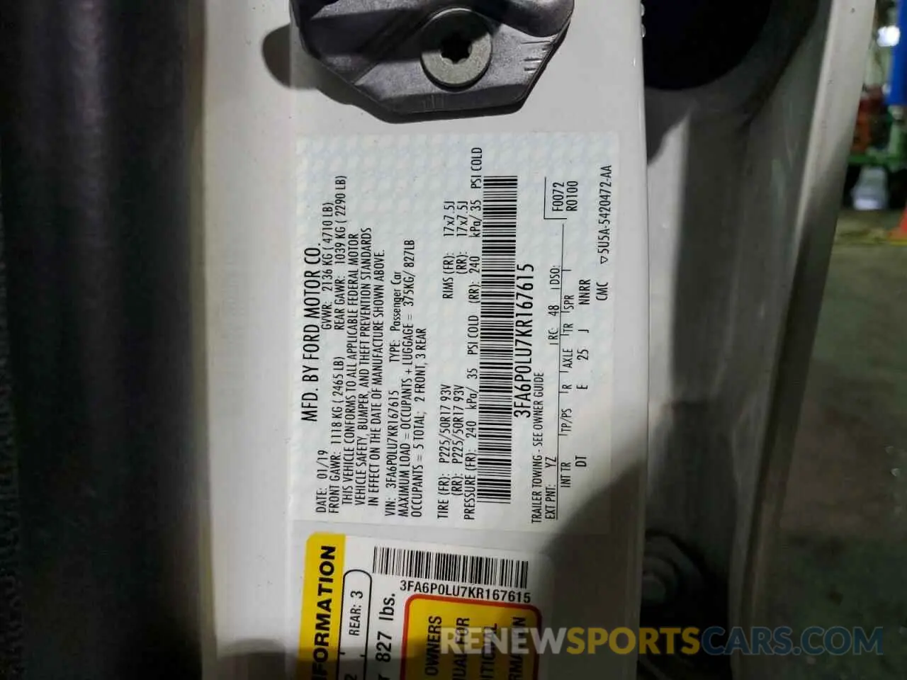 13 Фотография поврежденного автомобиля 3FA6P0LU7KR167615 FORD FUSION 2019