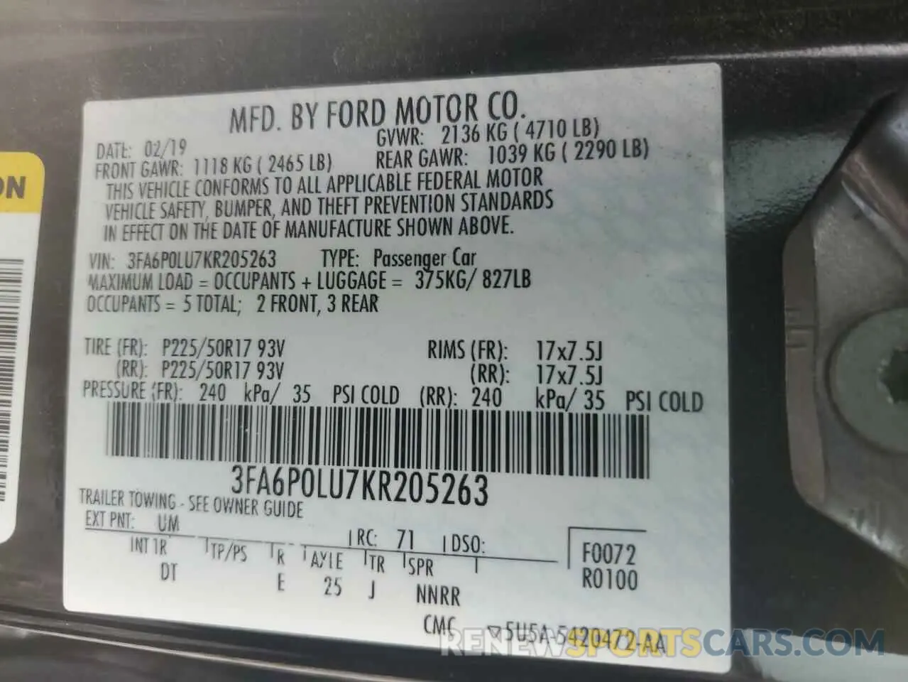 12 Photograph of a damaged car 3FA6P0LU7KR205263 FORD FUSION 2019