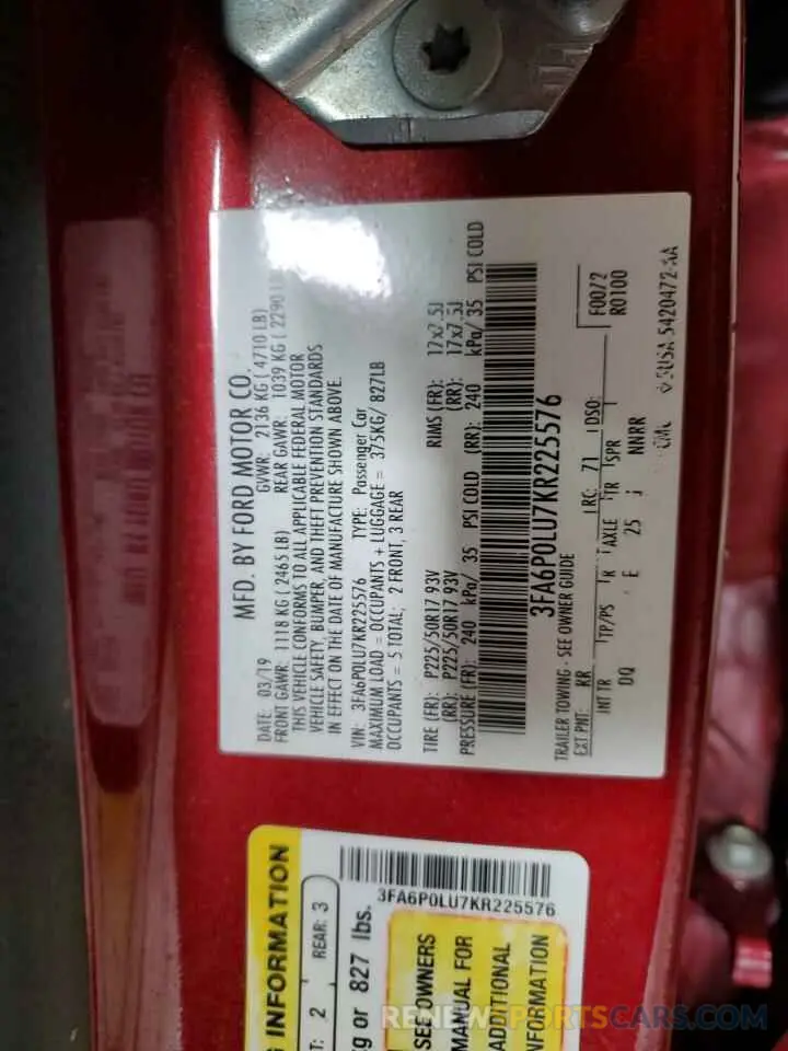 12 Photograph of a damaged car 3FA6P0LU7KR225576 FORD FUSION 2019