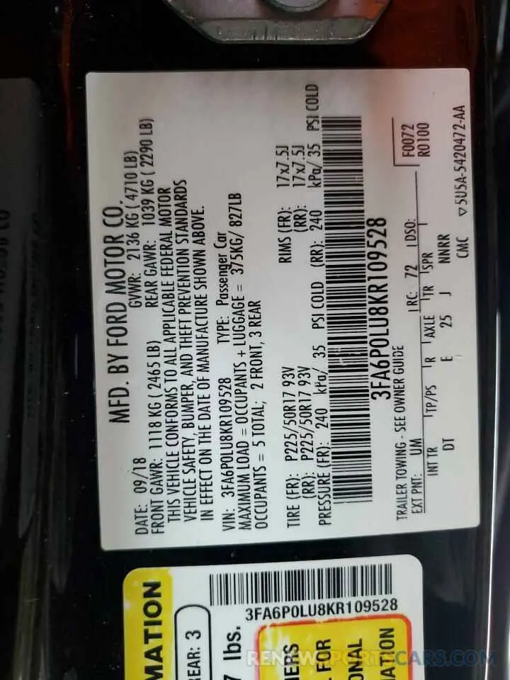 12 Фотография поврежденного автомобиля 3FA6P0LU8KR109528 FORD FUSION 2019