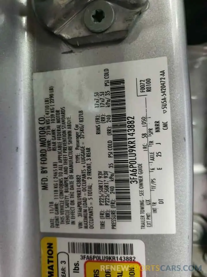 12 Фотография поврежденного автомобиля 3FA6P0LU9KR143882 FORD FUSION 2019