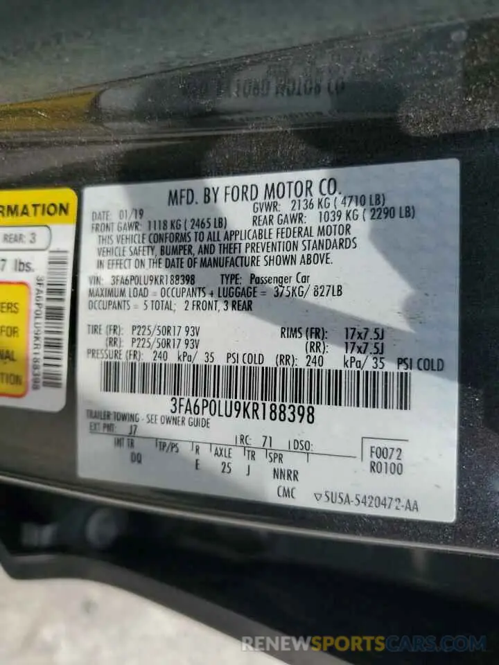 12 Фотография поврежденного автомобиля 3FA6P0LU9KR188398 FORD FUSION 2019