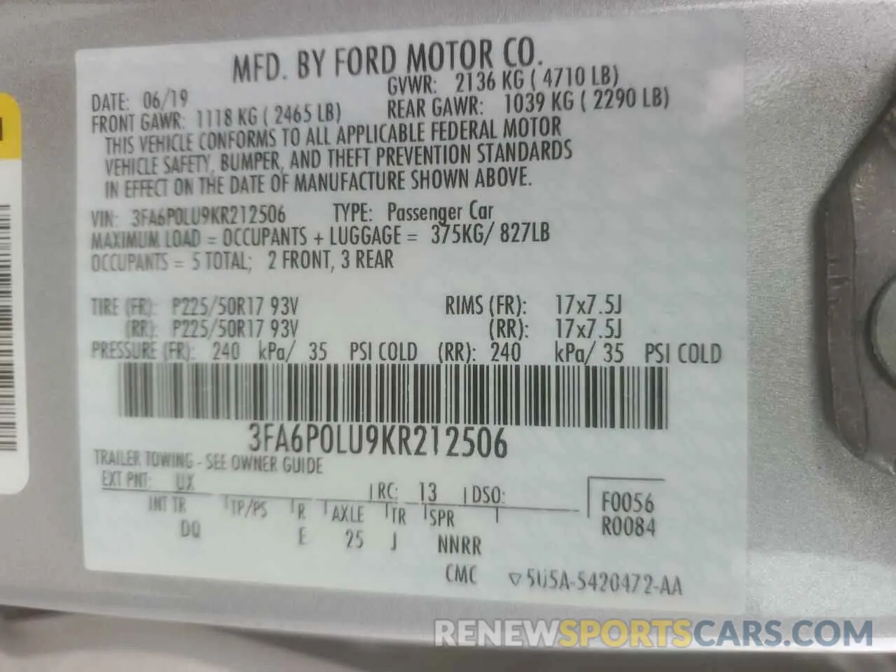 12 Photograph of a damaged car 3FA6P0LU9KR212506 FORD FUSION 2019