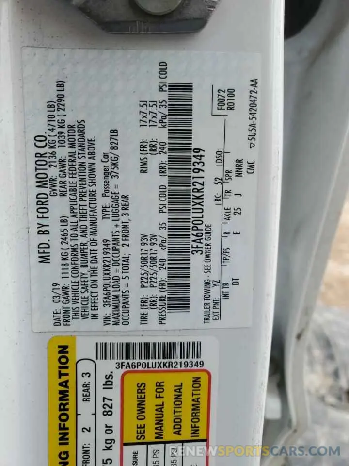12 Фотография поврежденного автомобиля 3FA6P0LUXKR219349 FORD FUSION 2019