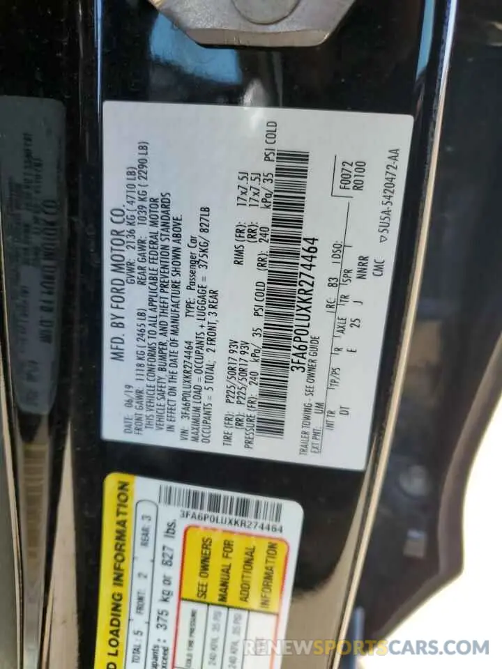 12 Photograph of a damaged car 3FA6P0LUXKR274464 FORD FUSION 2019
