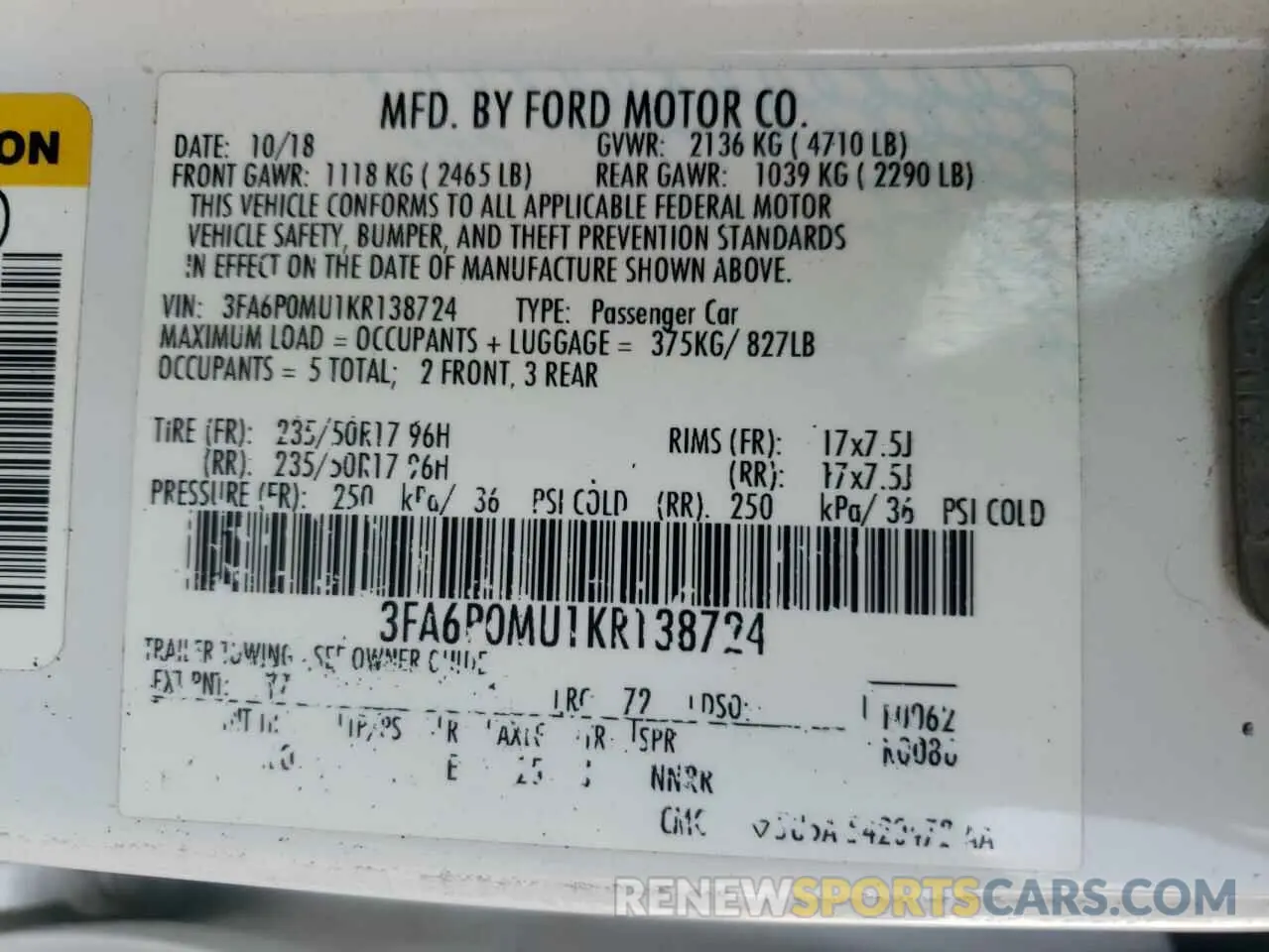 12 Фотография поврежденного автомобиля 3FA6P0MU1KR138724 FORD FUSION 2019