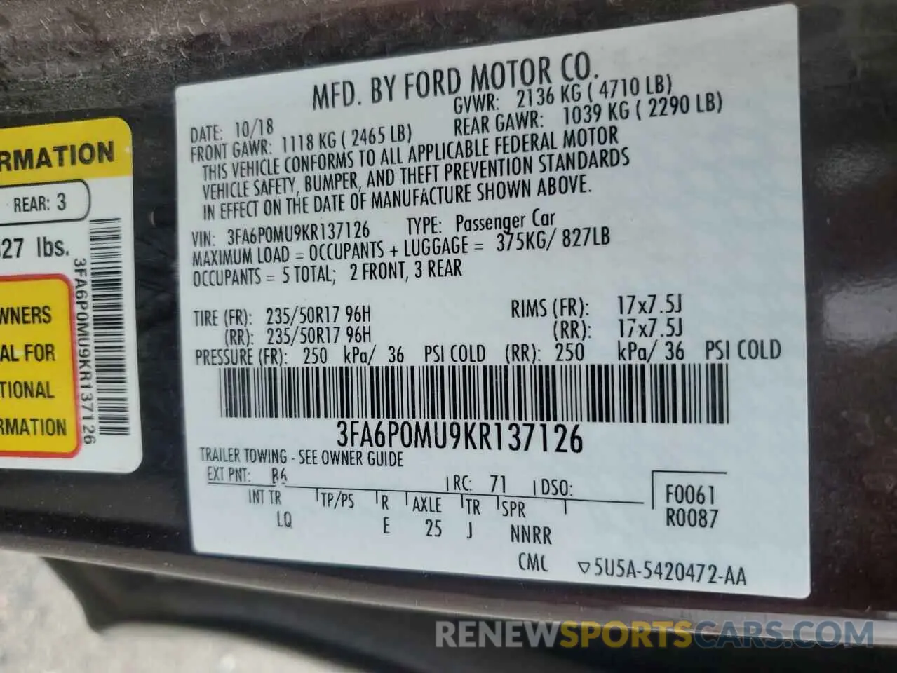 12 Фотография поврежденного автомобиля 3FA6P0MU9KR137126 FORD FUSION 2019