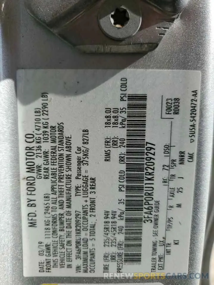 13 Фотография поврежденного автомобиля 3FA6P0RU1KR209297 FORD FUSION 2019