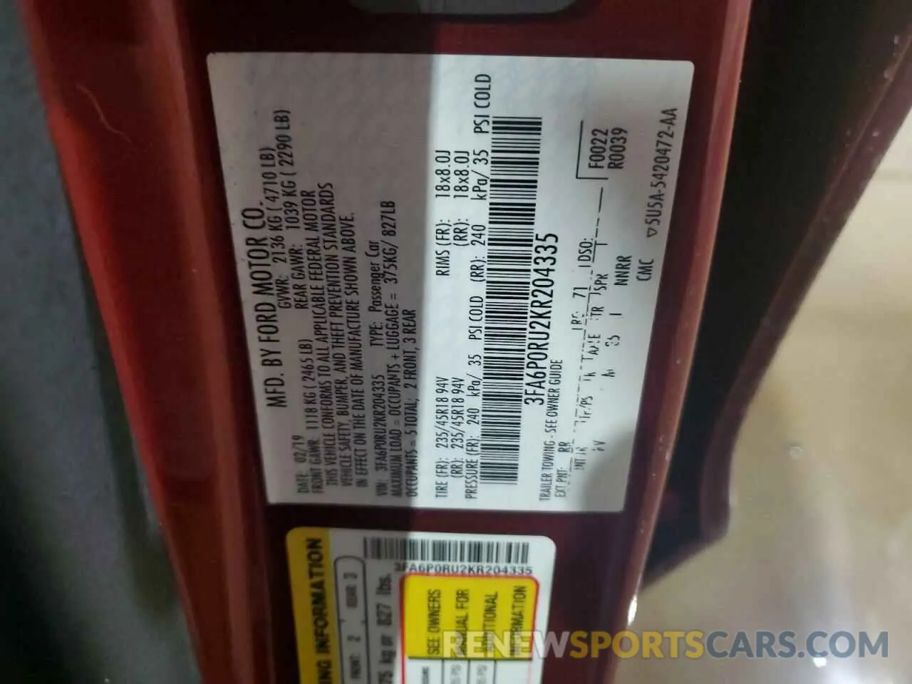 13 Фотография поврежденного автомобиля 3FA6P0RU2KR204335 FORD FUSION 2019