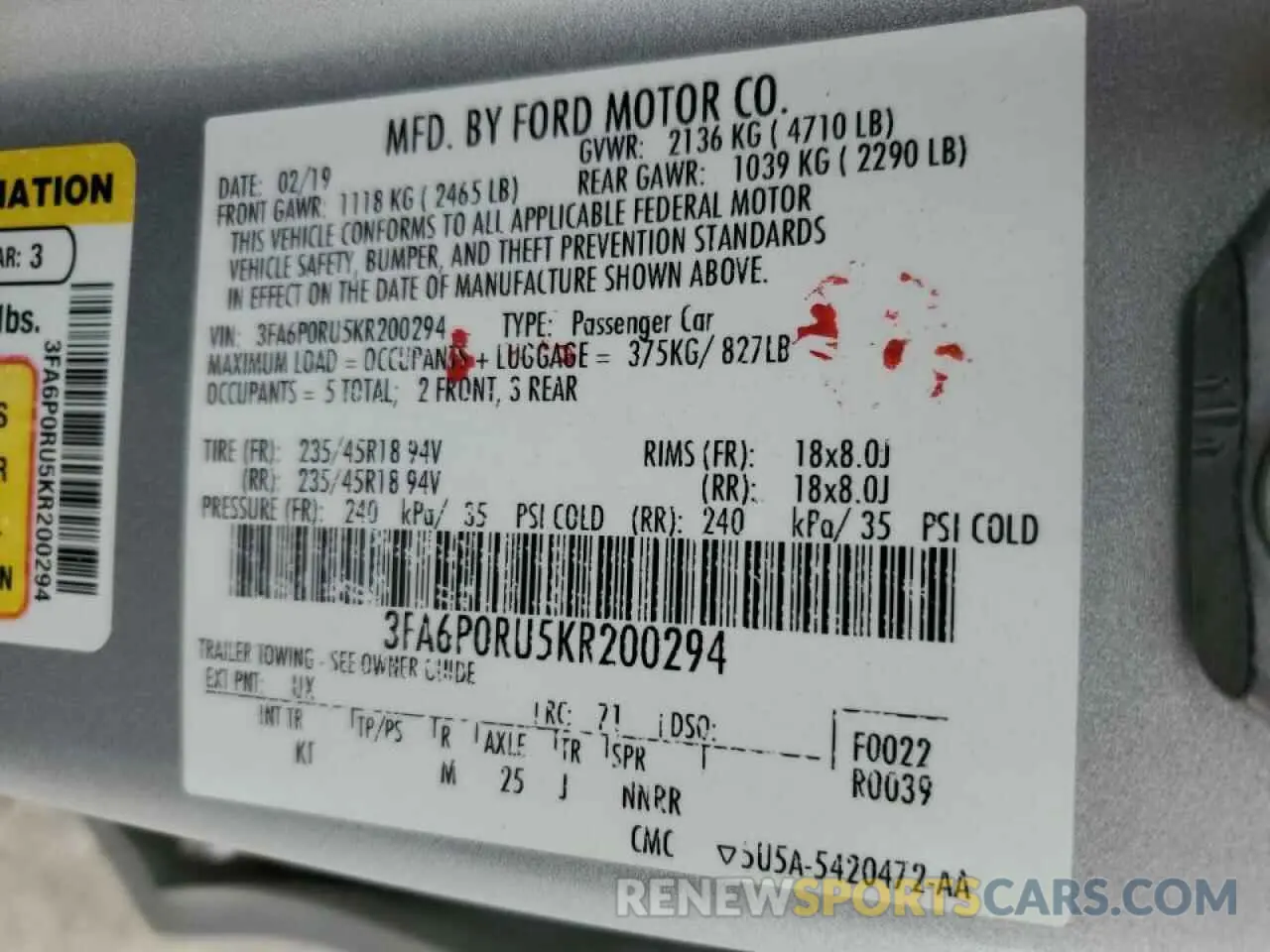 12 Photograph of a damaged car 3FA6P0RU5KR200294 FORD FUSION 2019